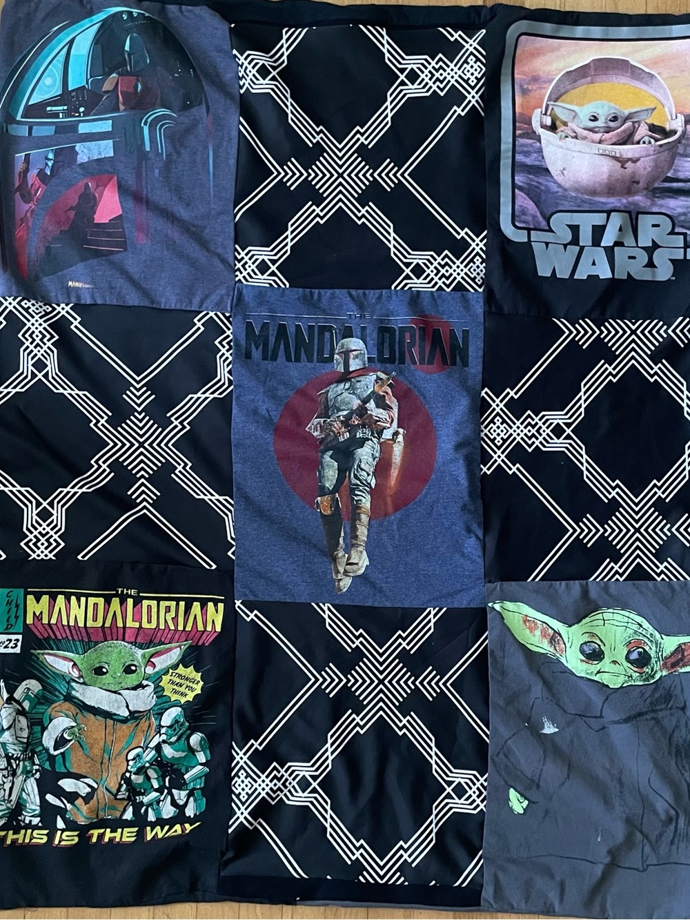 Upcycled T-Shirt Quilt or throwwith The Mandalorian  and Grogu Graphic Designs